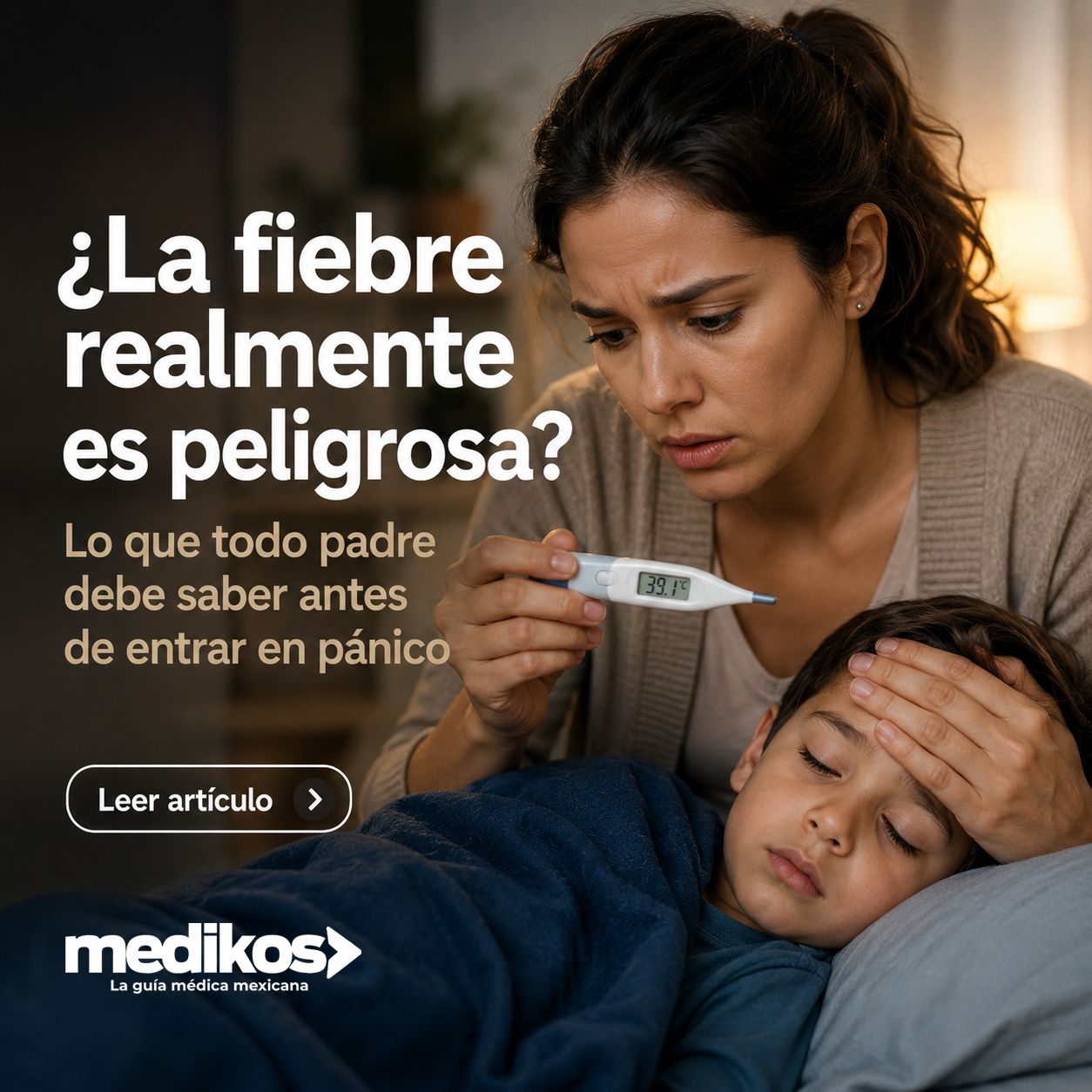 Madre preocupada midiendo la fiebre de un niño